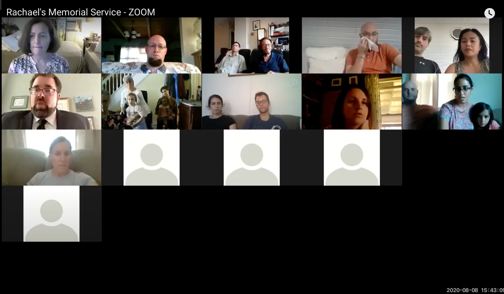 A blurred screenshot of a Zoom memorial service in gallery view, showing the grid layout of participants