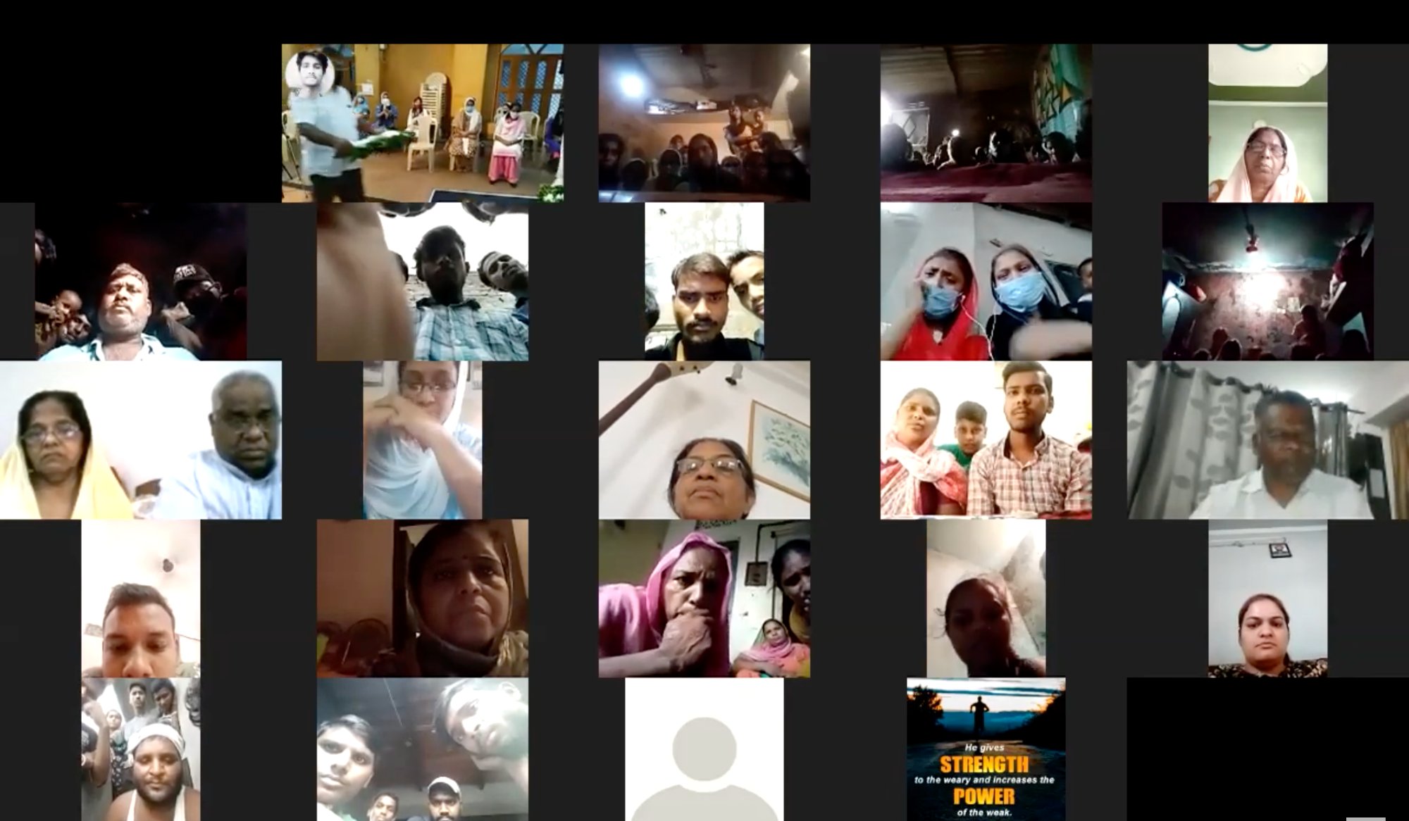A blurred screenshot of a large virtual memorial gathering with participants from diverse cultural backgrounds